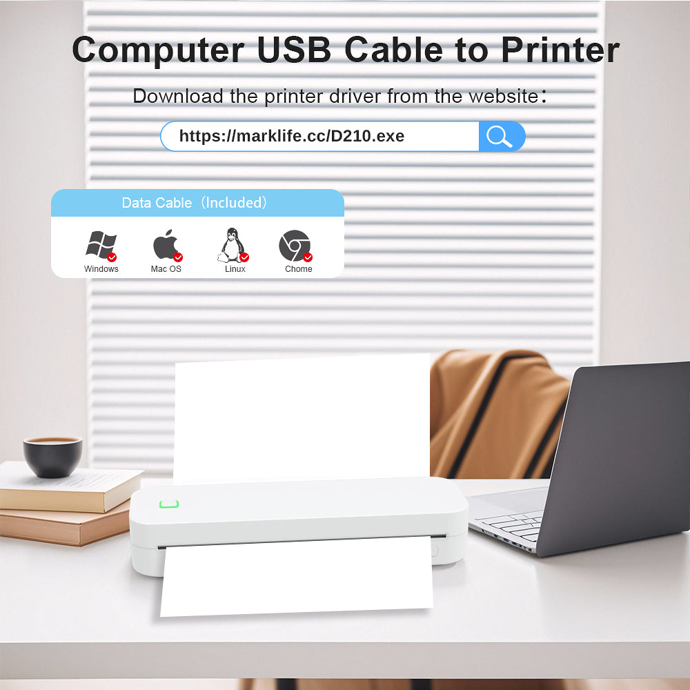 D210 Portable Wireless Thermal Printer – Inkless Printer for Travel, Office & Home, Compatible with iPhone/Android/Mac/Windows, Supports A4
