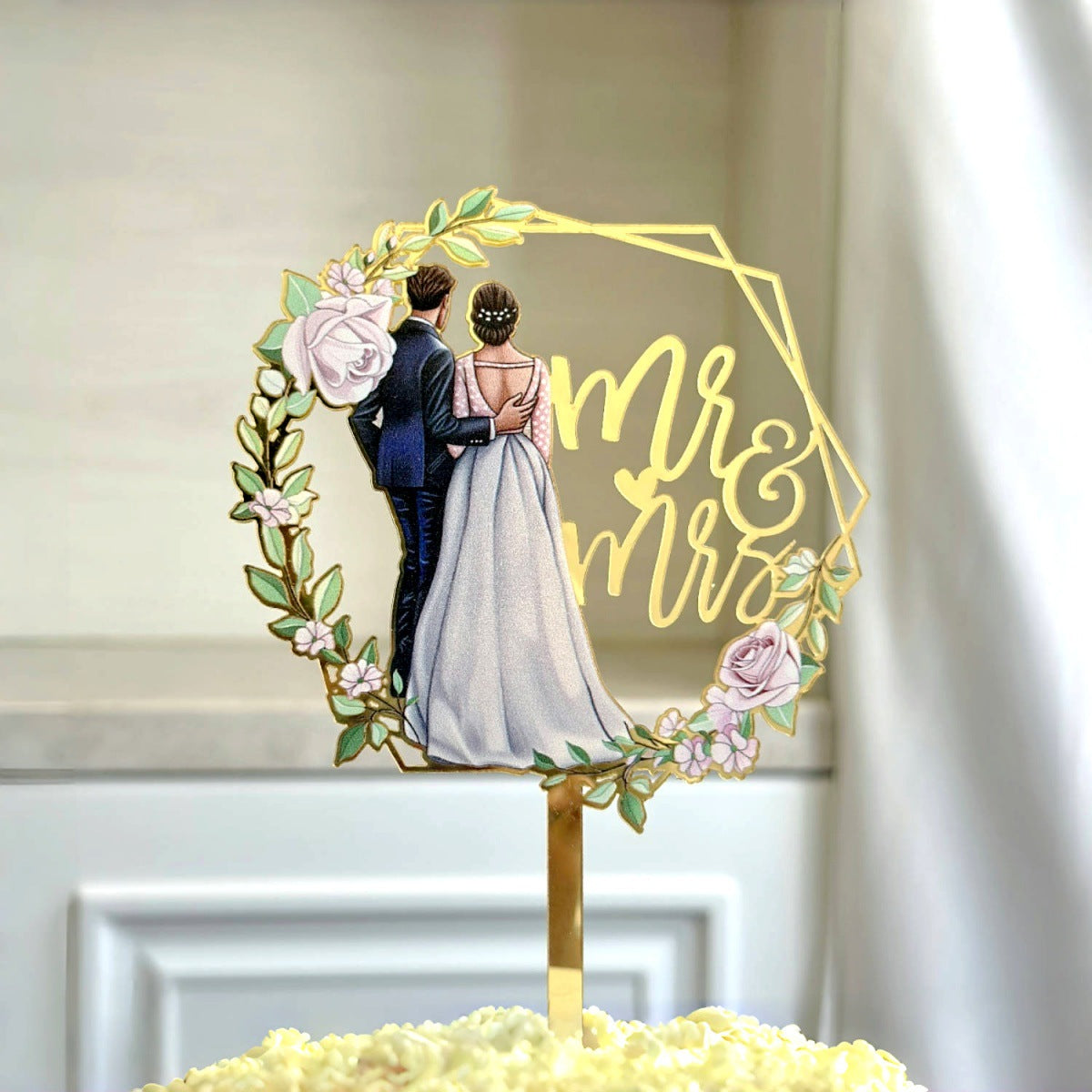 Mr & Mrs Cake Topper - Wooden Leaves Wreath Wedding Cake Toppers Bride and Groom Party Cake Decorations Supplies