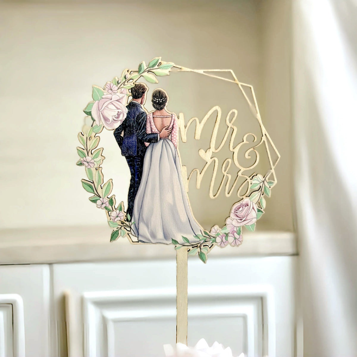 Mr & Mrs Cake Topper - Wooden Leaves Wreath Wedding Cake Toppers Bride and Groom Party Cake Decorations Supplies