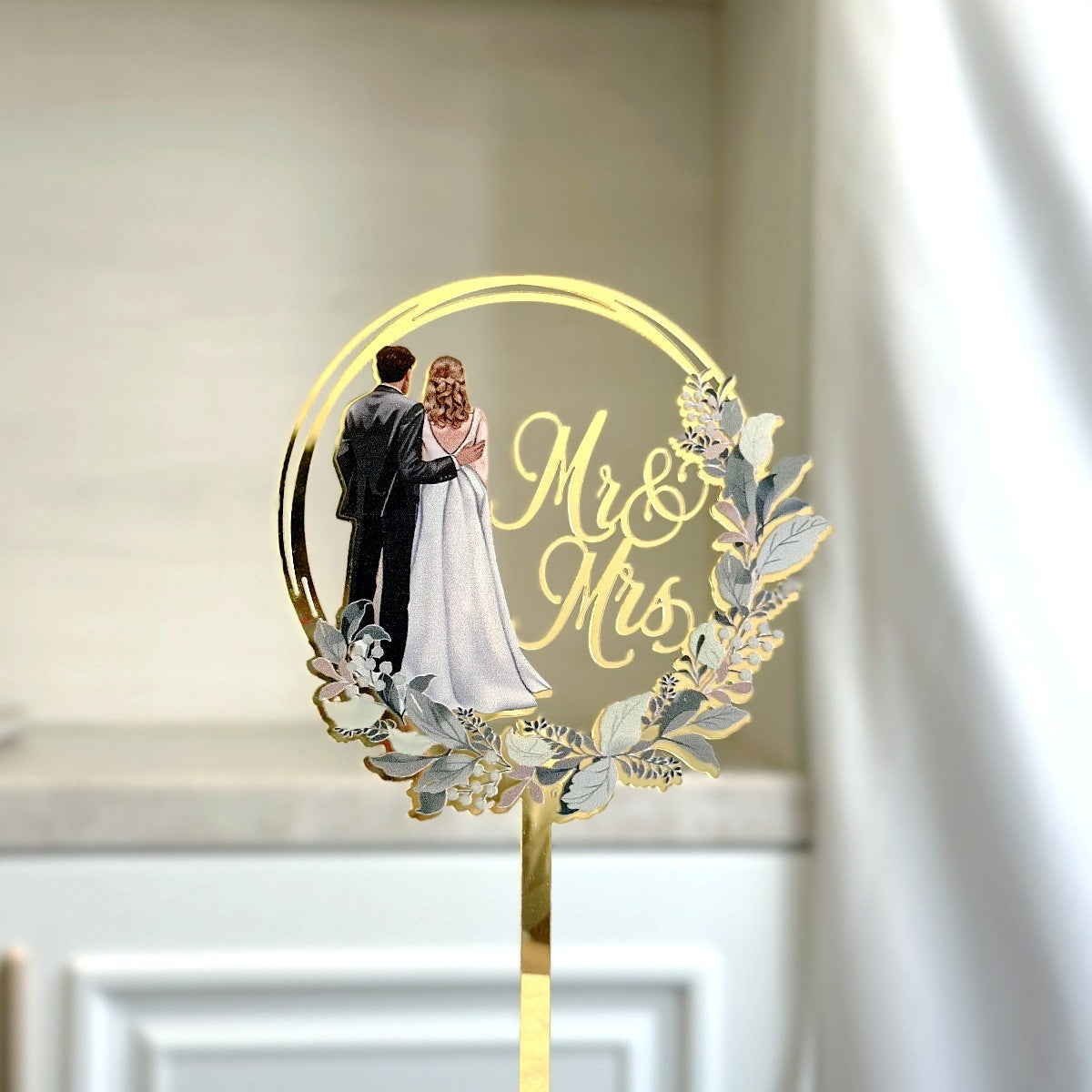 Mr & Mrs Cake Topper - Wooden Leaves Wreath Wedding Cake Toppers Bride and Groom Party Cake Decorations Supplies
