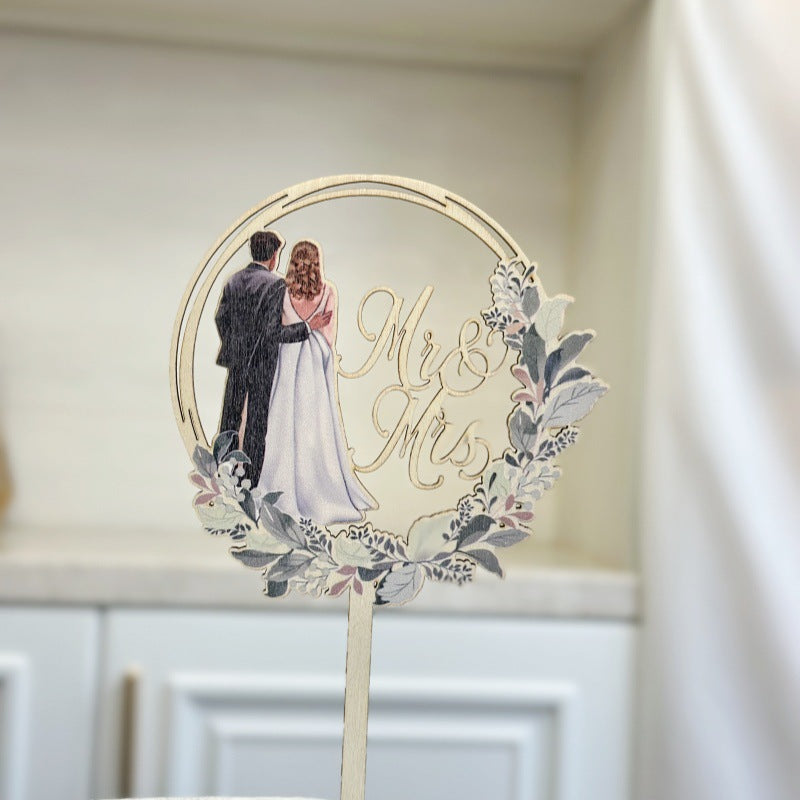 Mr & Mrs Cake Topper - Wooden Leaves Wreath Wedding Cake Toppers Bride and Groom Party Cake Decorations Supplies