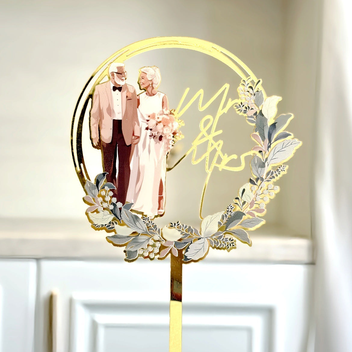 Mr & Mrs Cake Topper - Wooden Leaves Wreath Wedding Cake Toppers Bride and Groom Party Cake Decorations Supplies