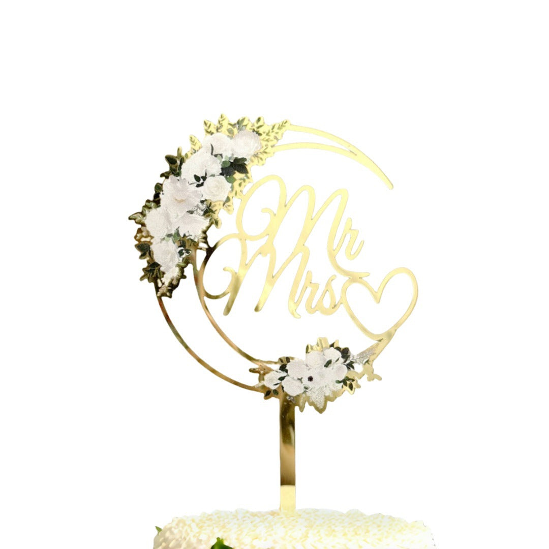 Mr & Mrs Cake Topper - Wooden Leaves Wreath Wedding Cake Toppers Bride and Groom Party Cake Decorations Supplies