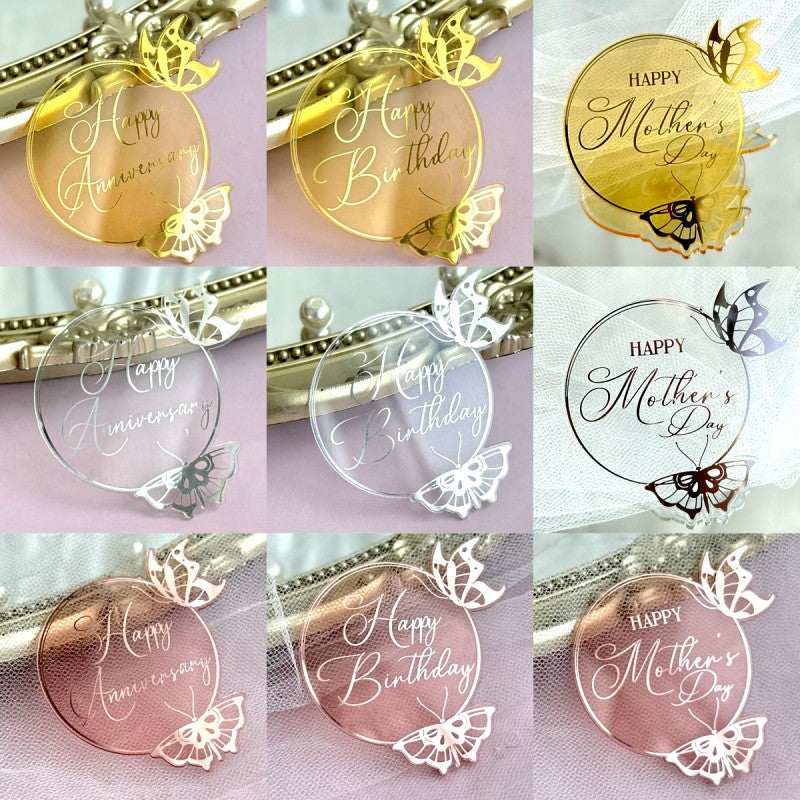 New Style Round Butterfly Acrylic Cake Toppers for Happy Birthday Anniversary Cupcake Decorations Ins Air