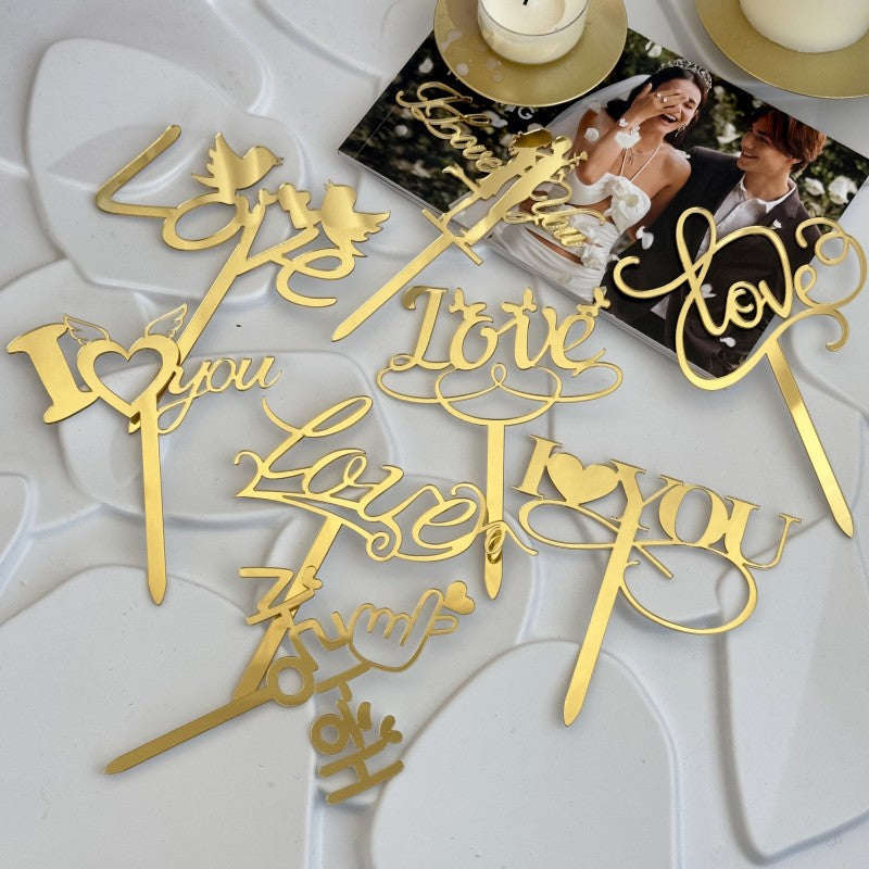 9pcs Gold Love Cake Topper for Birthday/Wedding/Anniversary Party, Wedding Cake Decoration, Valentine Cake Topper