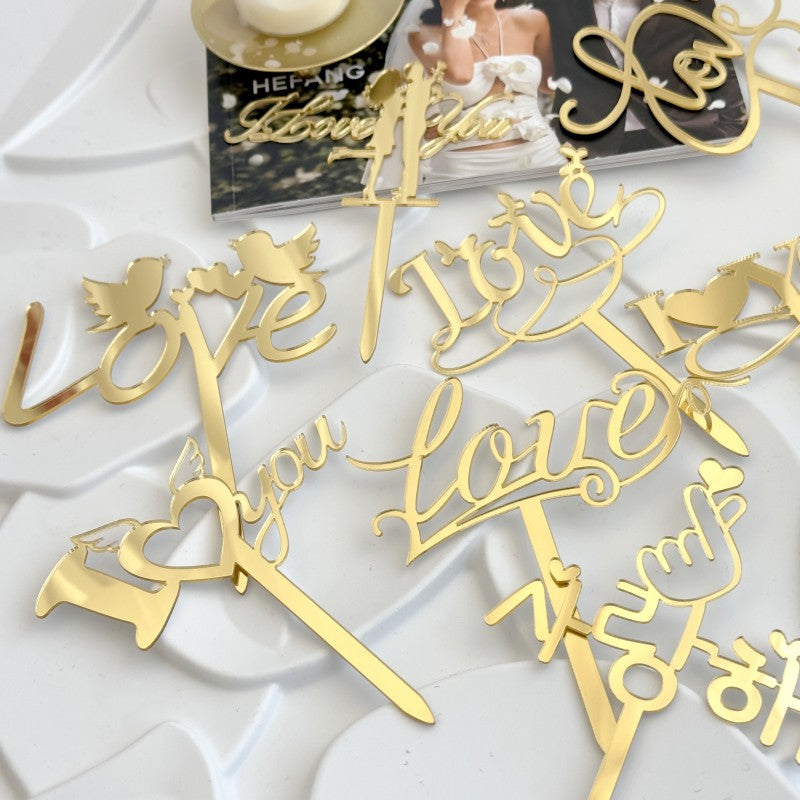 9pcs Gold Love Cake Topper for Birthday/Wedding/Anniversary Party, Wedding Cake Decoration, Valentine Cake Topper