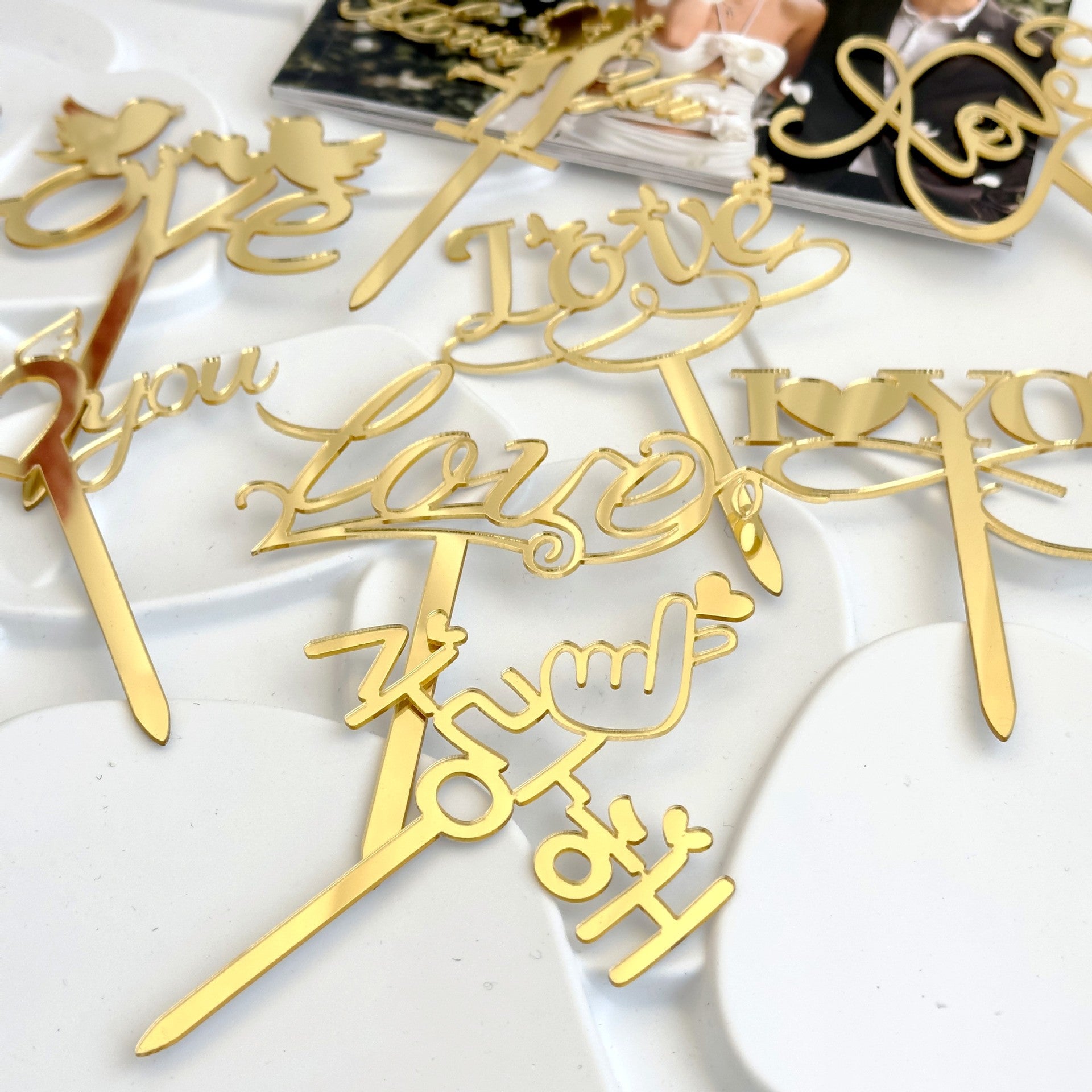 9pcs Gold Love Cake Topper for Birthday/Wedding/Anniversary Party, Wedding Cake Decoration, Valentine Cake Topper