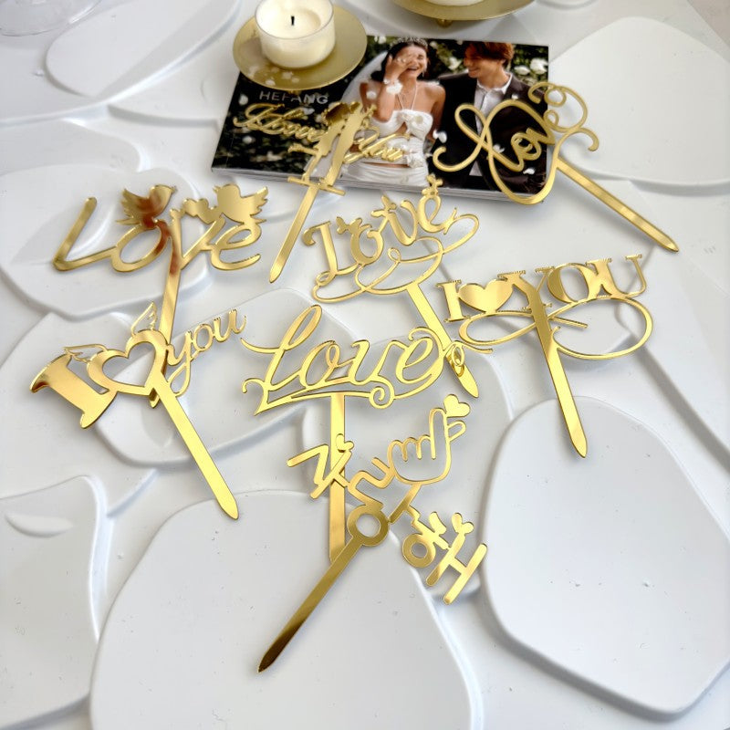 9pcs Gold Love Cake Topper for Birthday/Wedding/Anniversary Party, Wedding Cake Decoration, Valentine Cake Topper