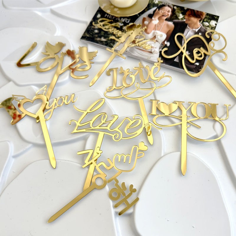 9pcs Gold Love Cake Topper for Birthday/Wedding/Anniversary Party, Wedding Cake Decoration, Valentine Cake Topper