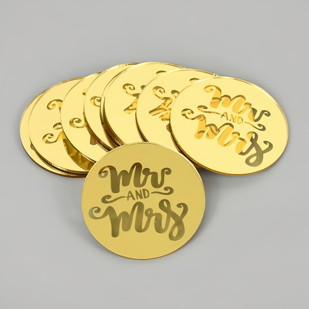 Wedding Gold Acrylic Cupcake Toppers, 3Pcs Round Mr.&Mrs. Cake Discs Mirror Picks, Charm Decoration Wedding Party Supplies
