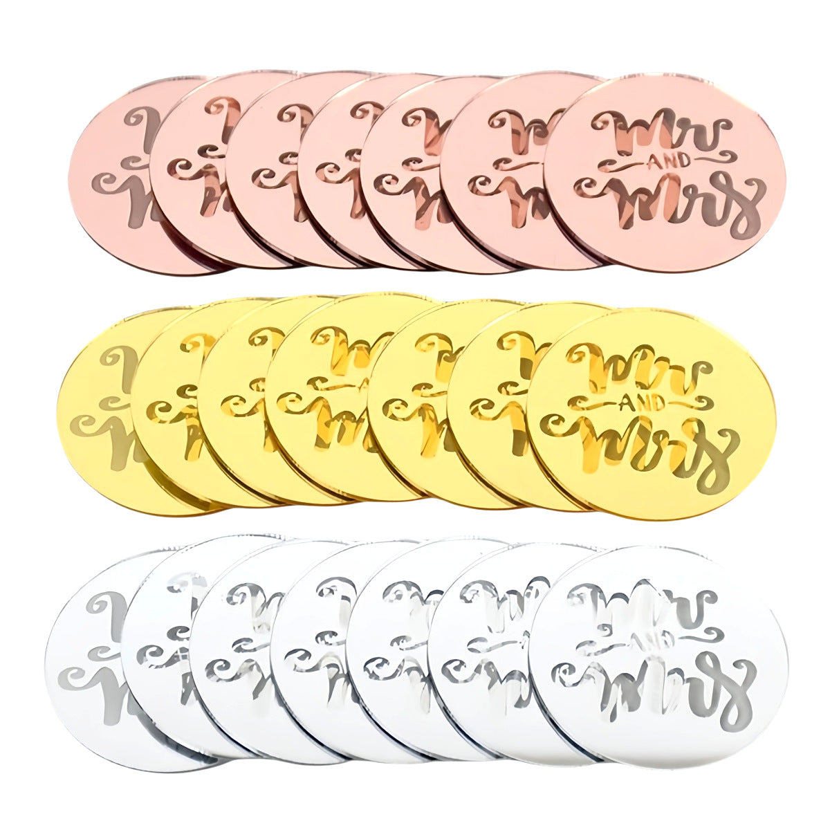 Wedding Gold Acrylic Cupcake Toppers, 3Pcs Round Mr.&Mrs. Cake Discs Mirror Picks, Charm Decoration Wedding Party Supplies