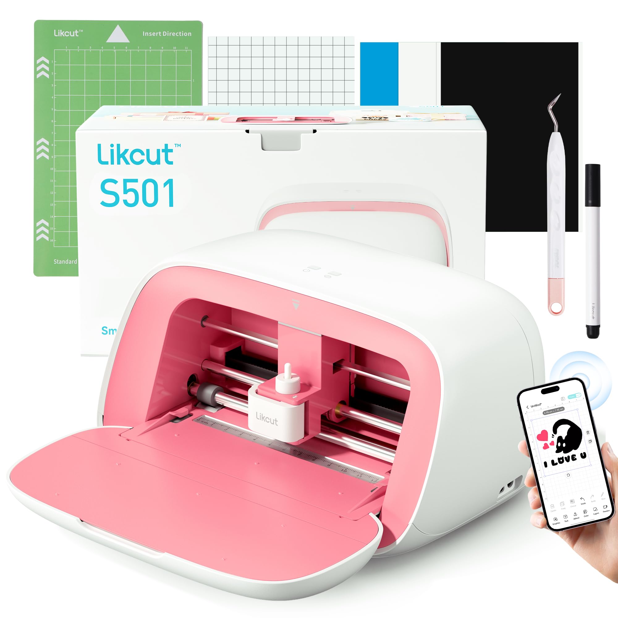 Vinyl Cutter Machine, Upgrade Cutting Machine Glee S501 for DIY Joy, Portable Smart Cutting Tool for Crafter, Sticker Decal Maker Printing for Family & School Fun Projects and Decorations, Pink