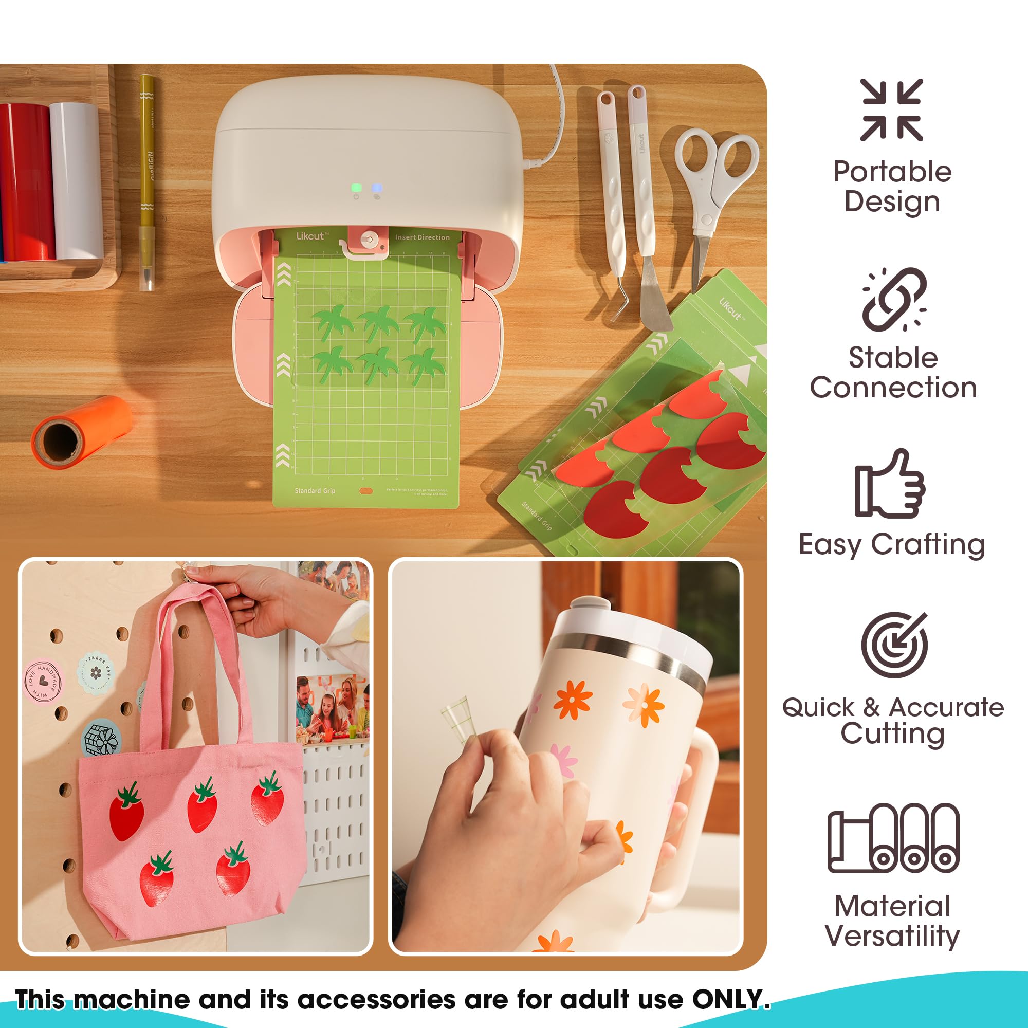 Vinyl Cutter Machine, Upgrade Cutting Machine Glee S501 for DIY Joy, Portable Smart Cutting Tool for Crafter, Sticker Decal Maker Printing for Family & School Fun Projects and Decorations, Pink