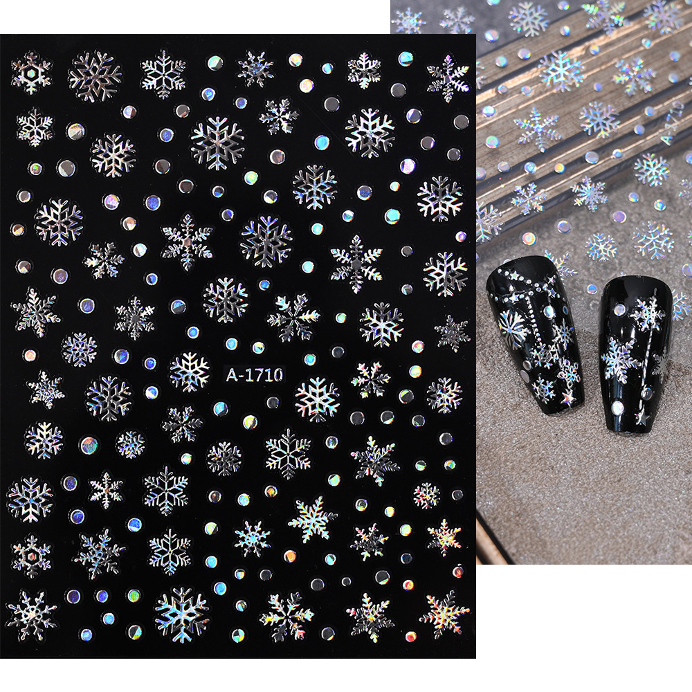 小红书爆款圣诞雪花美甲贴纸镭射银白色雪花麋鹿圣诞节指甲装饰贴