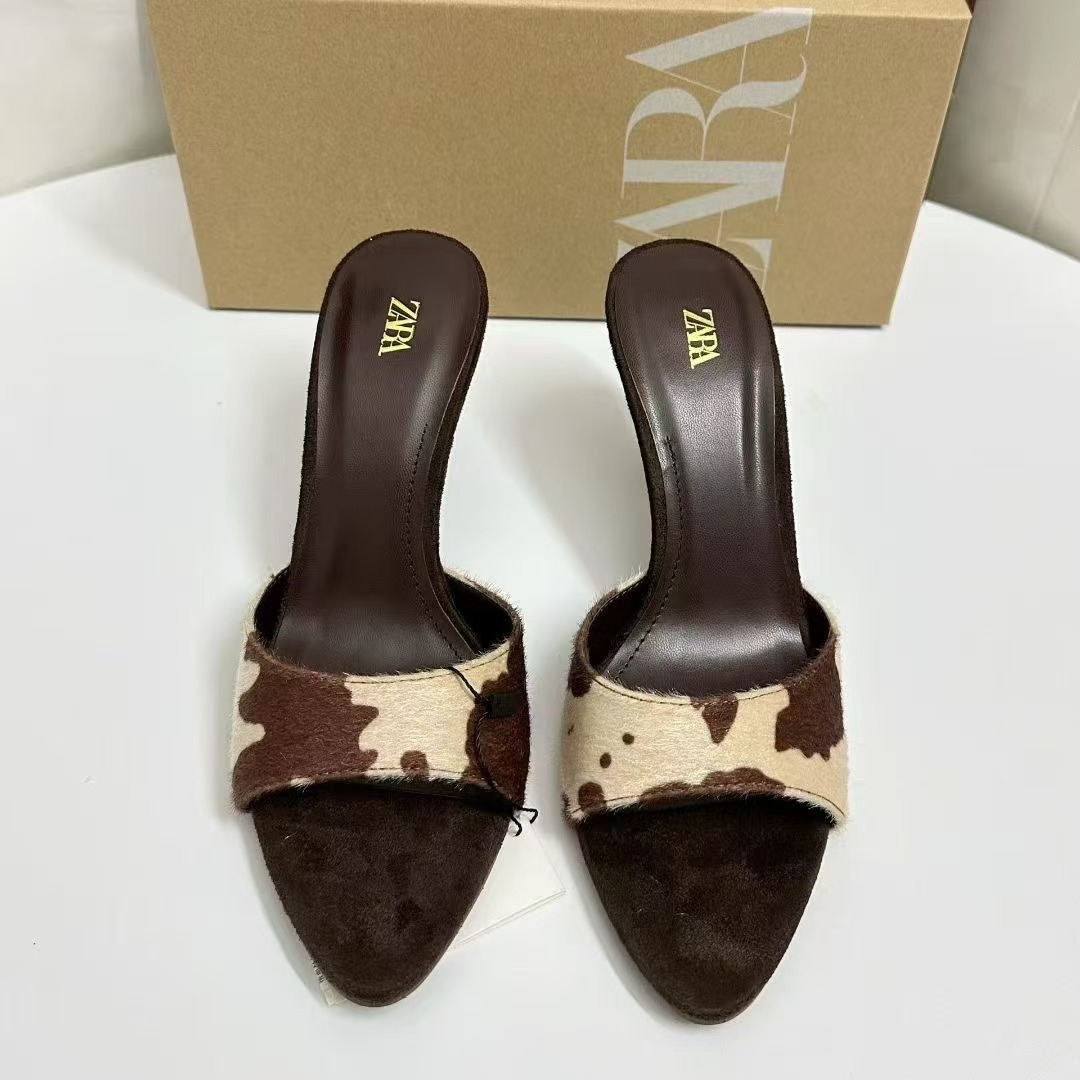 Cow Print Horsehair Single Strap Slide Mules Women Pointed Open Toe Backless Stiletto Slip On High Heel Sandals