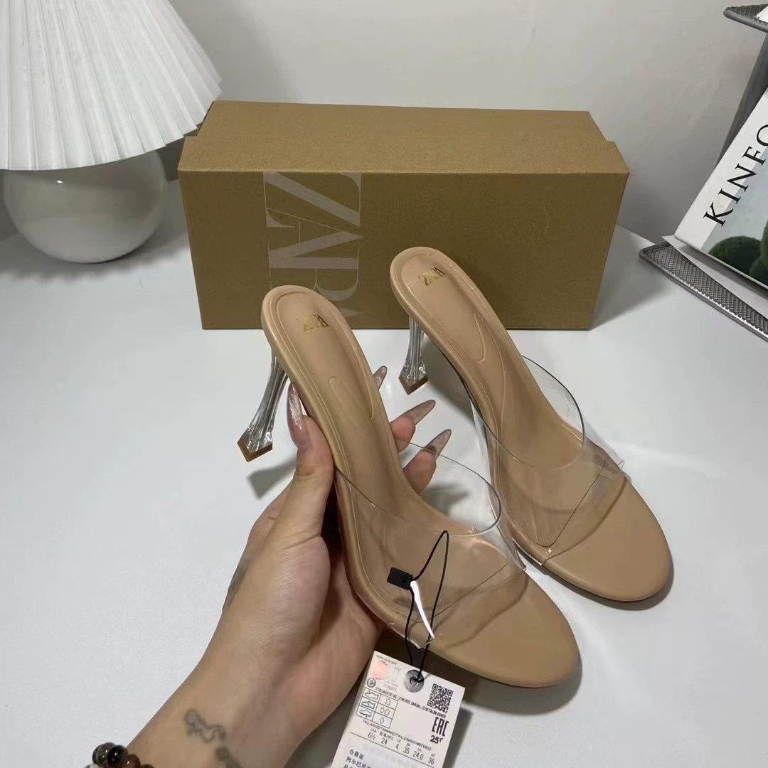 French Style Clear PVC One Strap Slide Heels Women Open Toe Transparent Crystal Stiletto Slip On Summer Mule Sandals