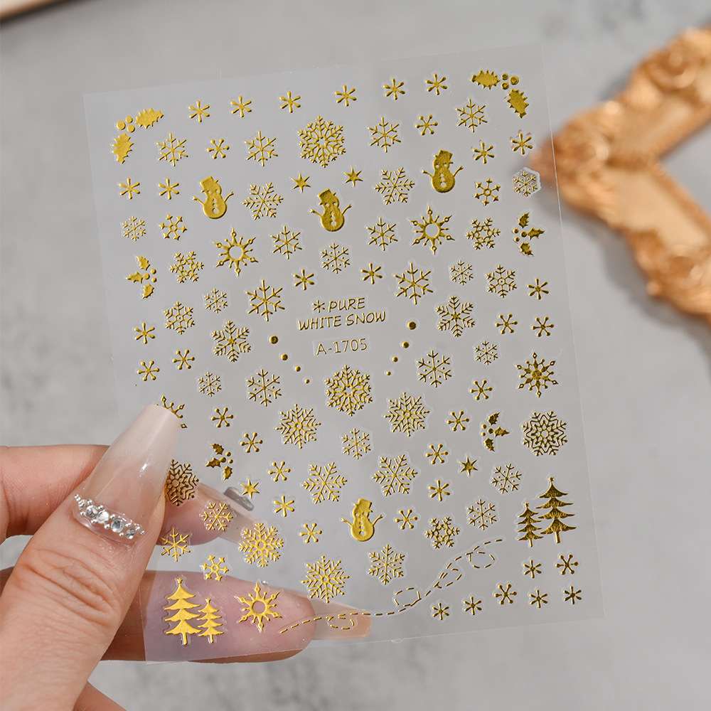 小红书爆款圣诞雪花美甲贴纸镭射银白色雪花麋鹿圣诞节指甲装饰贴