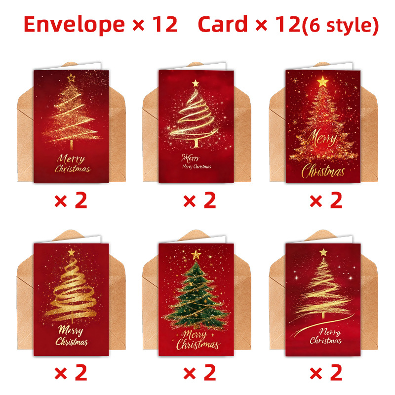 Gold Foil Christmas Tree Greeting Card Set Red Background Xmas Note Cards with Kraft Envelopes Customizable Holiday Message Gift Insert Cards