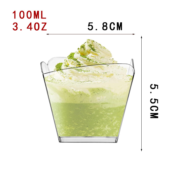 Disposable Plastic Trapezoidal Dessert Cups Gold Mousse Cup Ice Cream Cup Parfait Cup Chocolate Dessert Cup with Spoons
