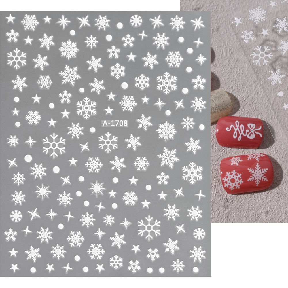小红书爆款圣诞雪花美甲贴纸镭射银白色雪花麋鹿圣诞节指甲装饰贴