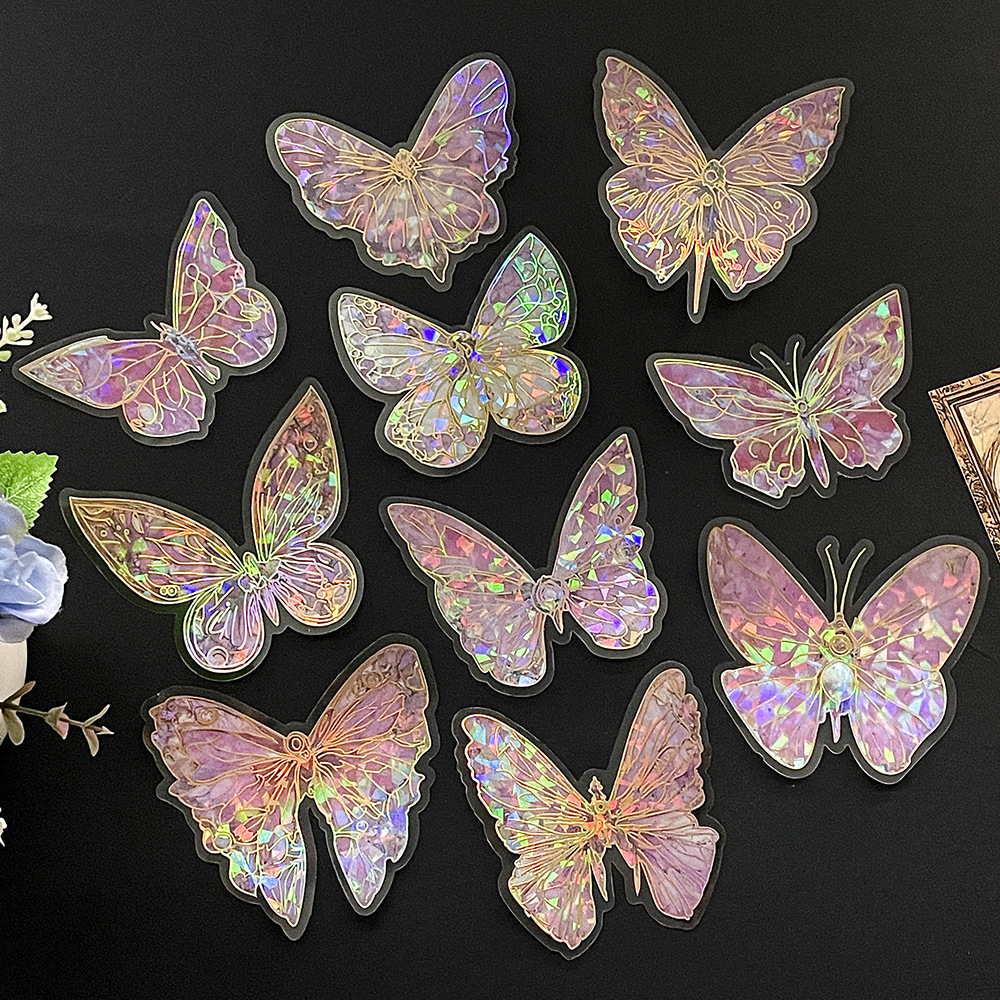 Rainbow Holographic Butterfly Stickers with Gold Foil: Iridescent Decor for Crafts & Journals
