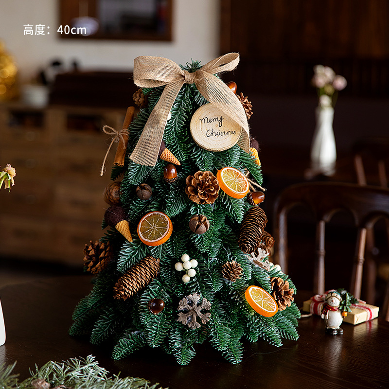 Pre-Decorated Noble Fir Mini Tabletop Christmas Tree with Bow Pine Cone Dried Orange Slices Small Xmas Desktop Ornament for Home Holiday Scene Decor
