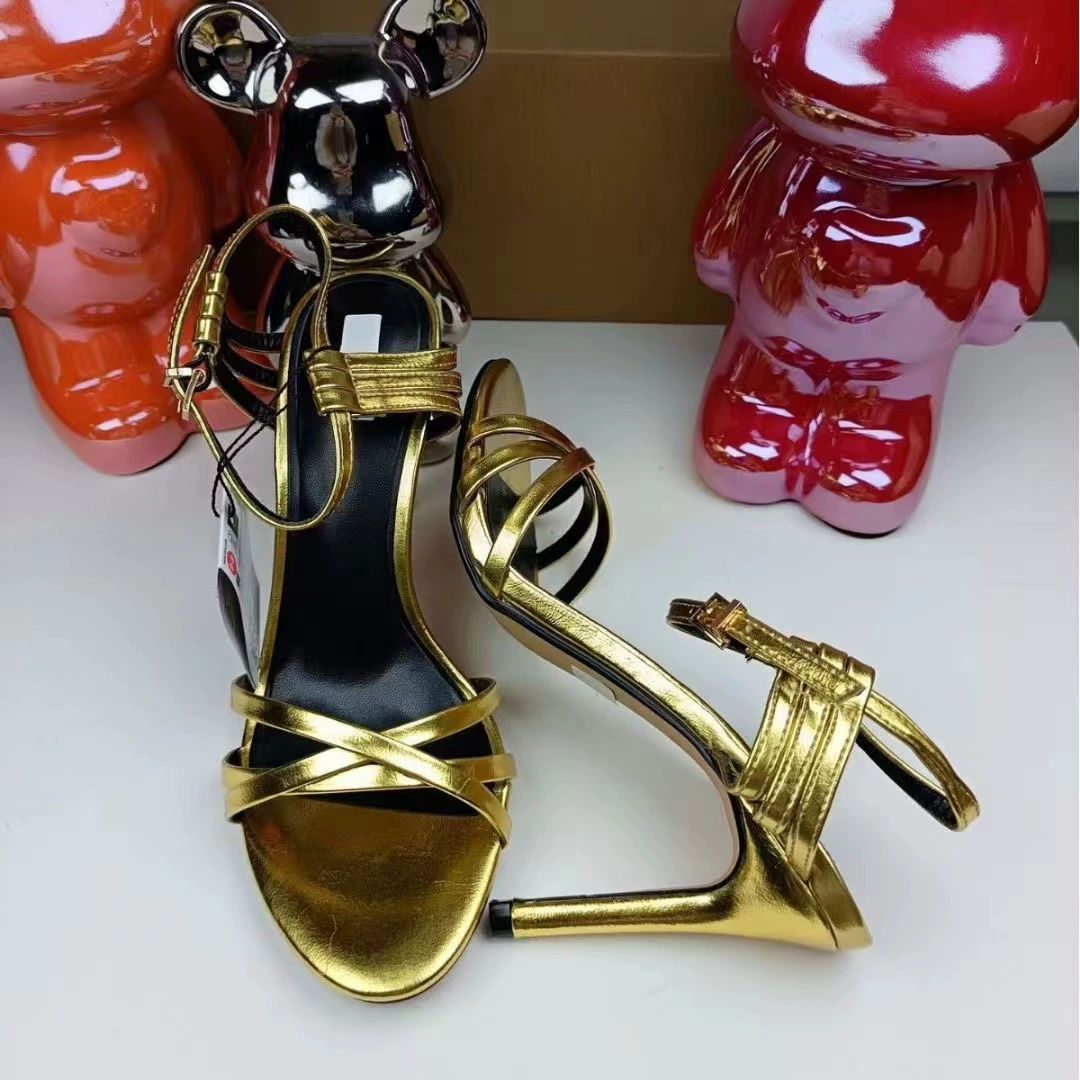 Metallic Gold Crisscross Ankle Strap Stiletto Heel Sandals Women Open Toe French Style Back Buckle Party Dress High Heels