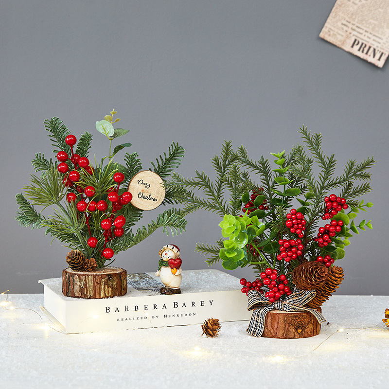 Mini Tabletop Christmas Arrangement Ornament Artificial Pine Sprig Red Berry Centerpiece Small Xmas Desktop Decor for Photo Props Holiday Scene Layout