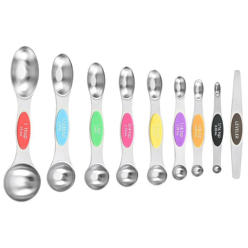 Magnetic Measuring Spoons Set of 9 Dual Sided Stainless Steel Measuring Spoons Stackable Nesting Tablespoon Teaspoon, Fits in Spice Jars, for Dry or Liquid Ingredients