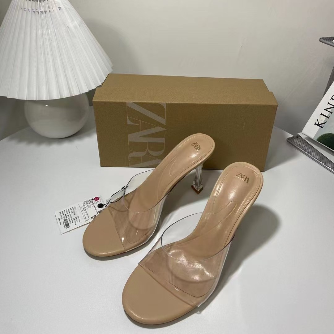 French Style Clear PVC One Strap Slide Heels Women Open Toe Transparent Crystal Stiletto Slip On Summer Mule Sandals