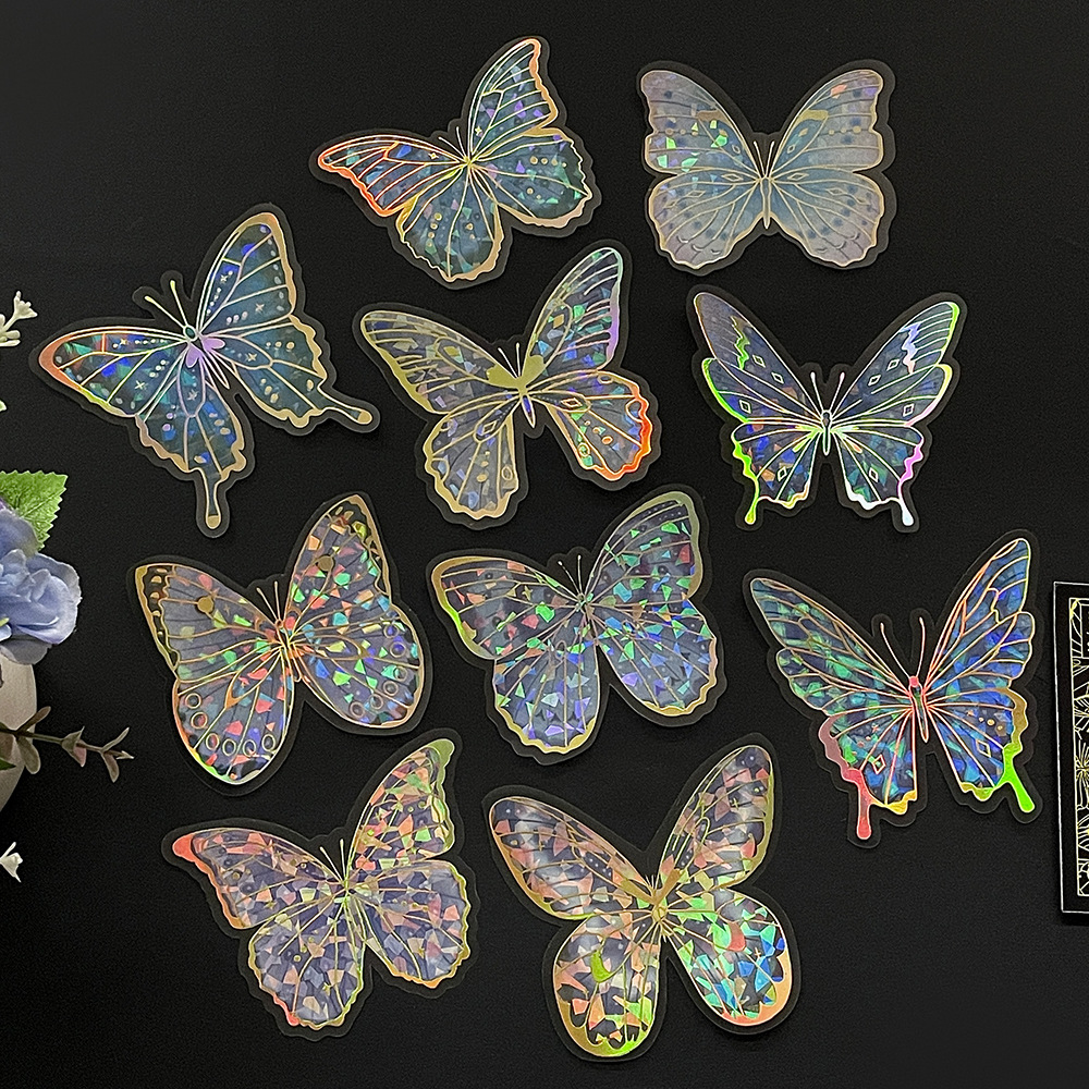 Rainbow Holographic Butterfly Stickers with Gold Foil: Iridescent Decor for Crafts & Journals