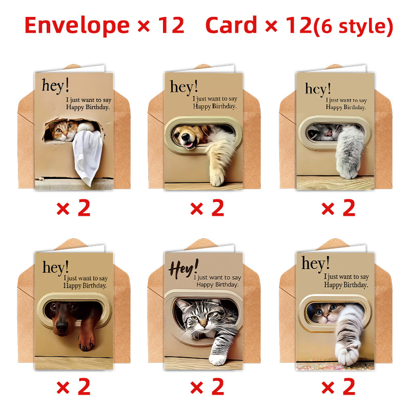 3D Peeking Cat & Dog Birthday Greeting Card Set with Kraft Envelopes Cute Pet Design Blank Note Cards Customizable Animal Themed Gift Card