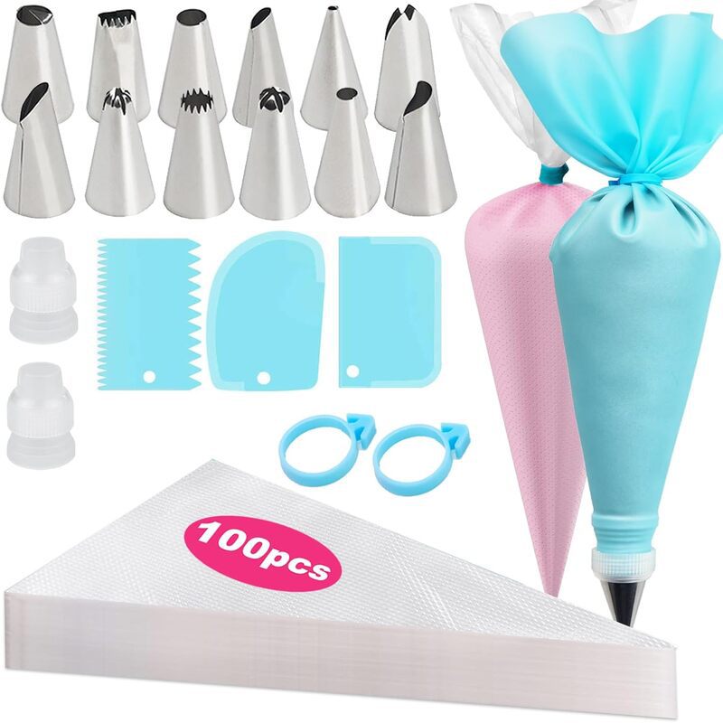 128Pcs Complete Cake Decorating Kit, Stainless Steel Piping Tips, Reusable & Disposable Pastry Bags, Couplers, Icing Scrapers Baking Supplies Set