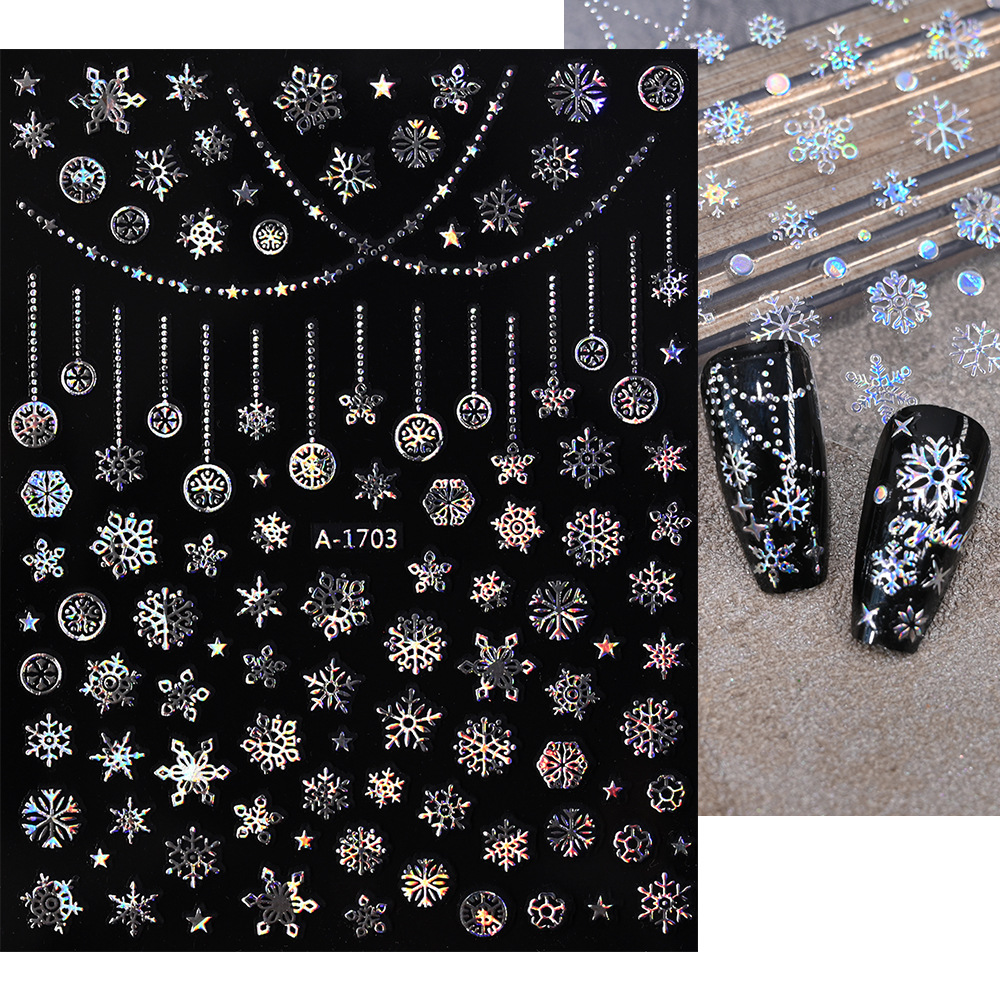小红书爆款圣诞雪花美甲贴纸镭射银白色雪花麋鹿圣诞节指甲装饰贴