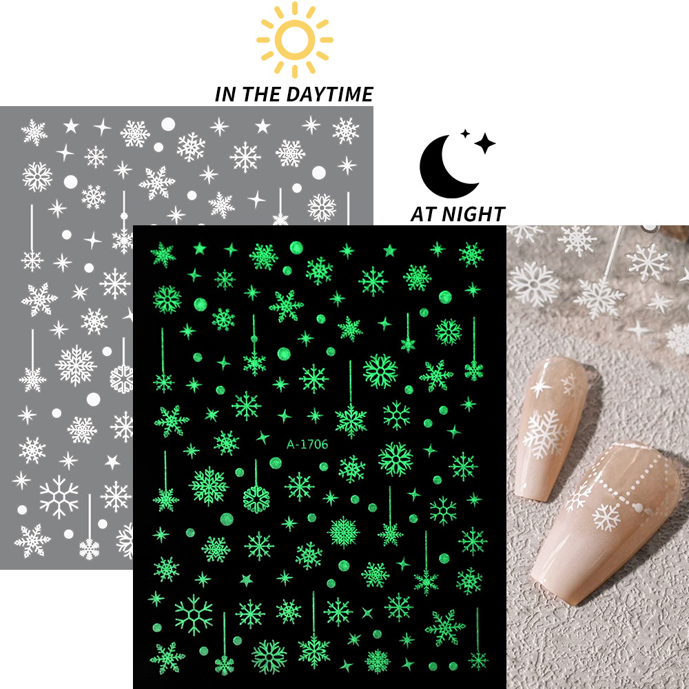 小红书爆款圣诞雪花美甲贴纸镭射银白色雪花麋鹿圣诞节指甲装饰贴