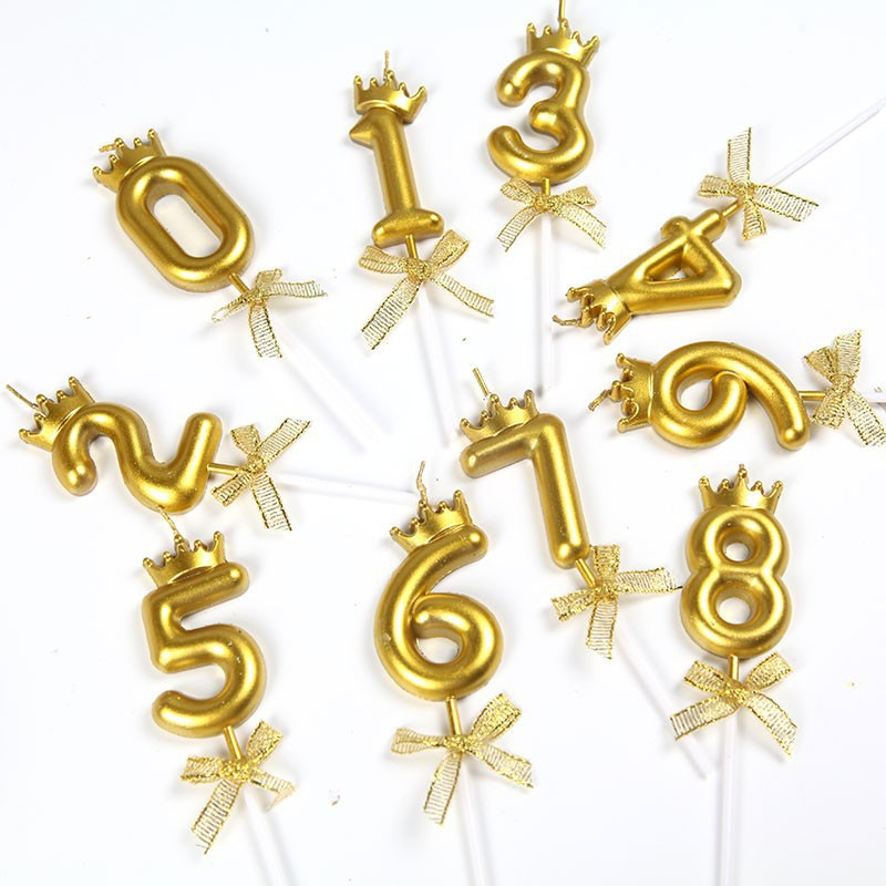 Gold Crown Number Birthday Candles, 0-9 Digits with Bow for Cake Decorations