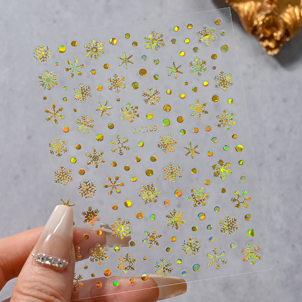 小红书爆款圣诞雪花美甲贴纸镭射银白色雪花麋鹿圣诞节指甲装饰贴