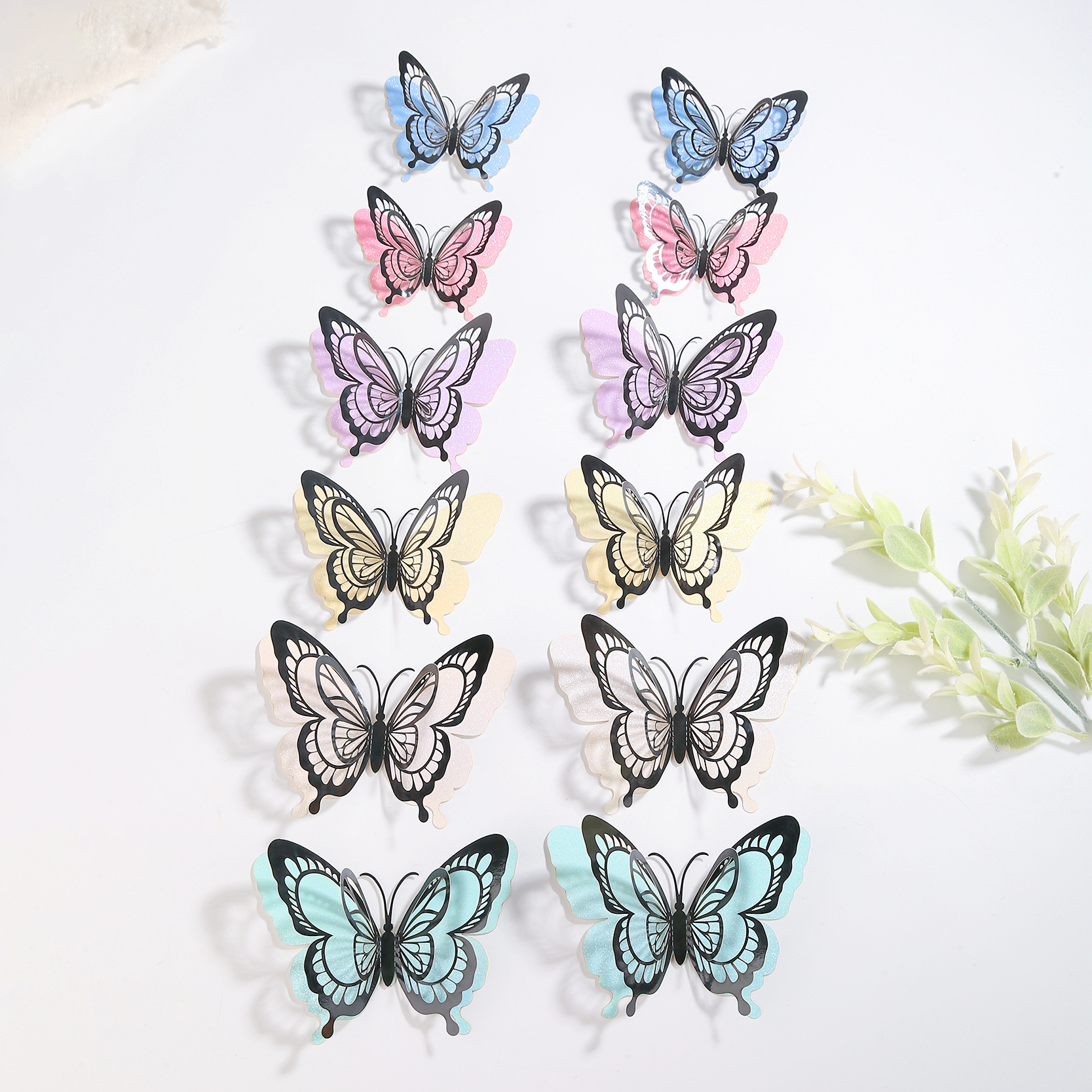Layered Metallic Butterflies: Whimsical Decor for Your Wall & Cakes, 12-Piece Colorful Set