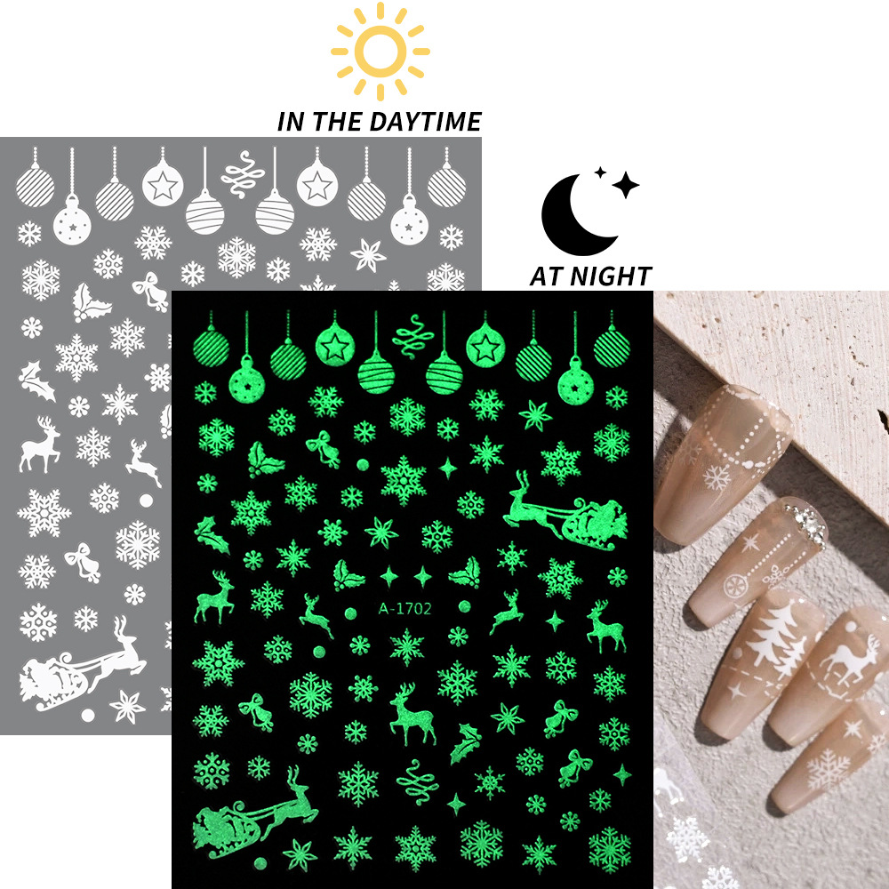 小红书爆款圣诞雪花美甲贴纸镭射银白色雪花麋鹿圣诞节指甲装饰贴