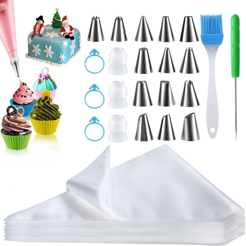128Pcs Complete Cake Decorating Kit, Stainless Steel Piping Tips, Reusable & Disposable Pastry Bags, Couplers, Icing Scrapers Baking Supplies Set