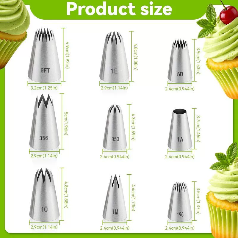 9Pcs Large Seamless 304 Stainless Steel Piping Tips Set, Rose Flower Icing Nozzles for Cake Cupcake Cookie Decorating