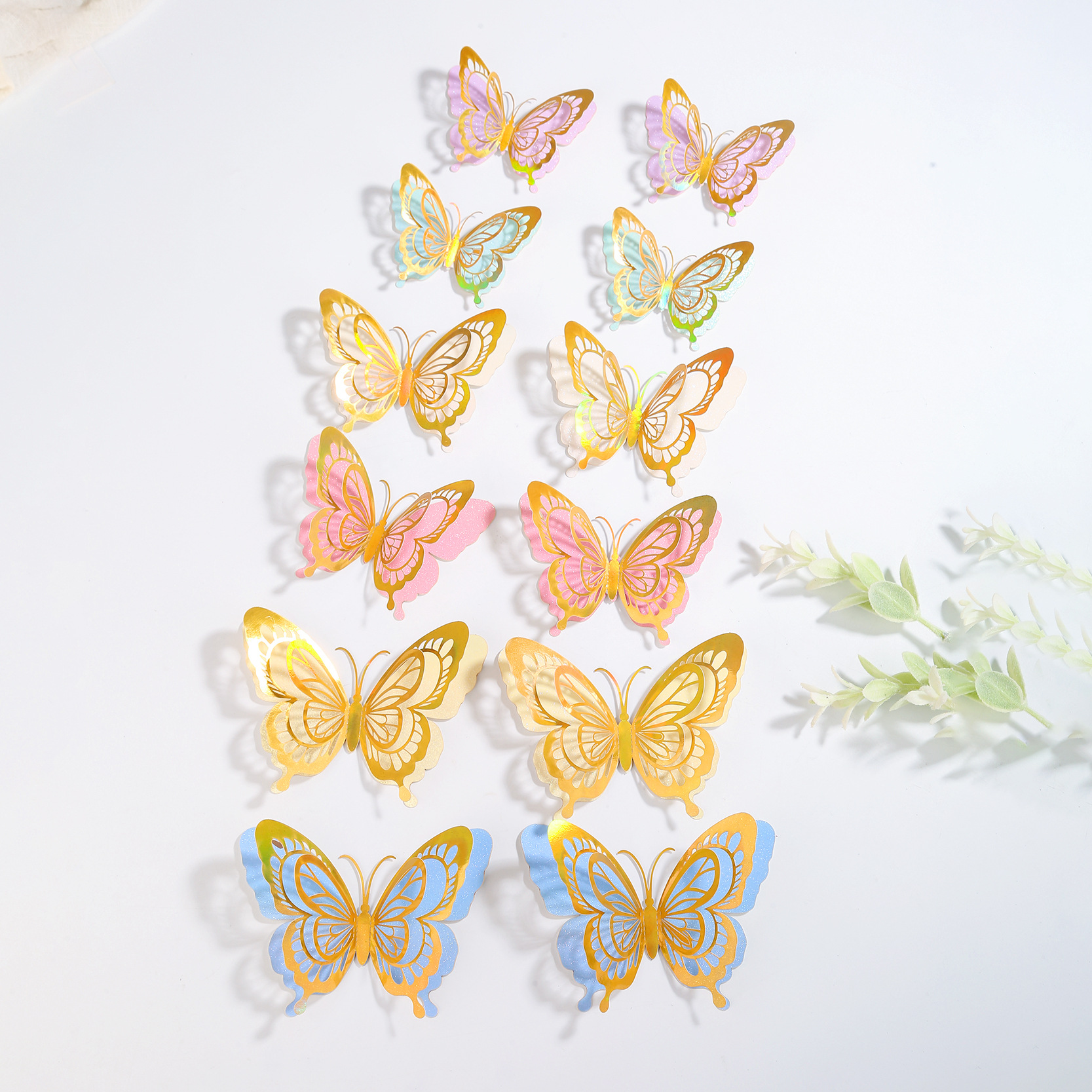 Layered Metallic Butterflies: Whimsical Decor for Your Wall & Cakes, 12-Piece Colorful Set
