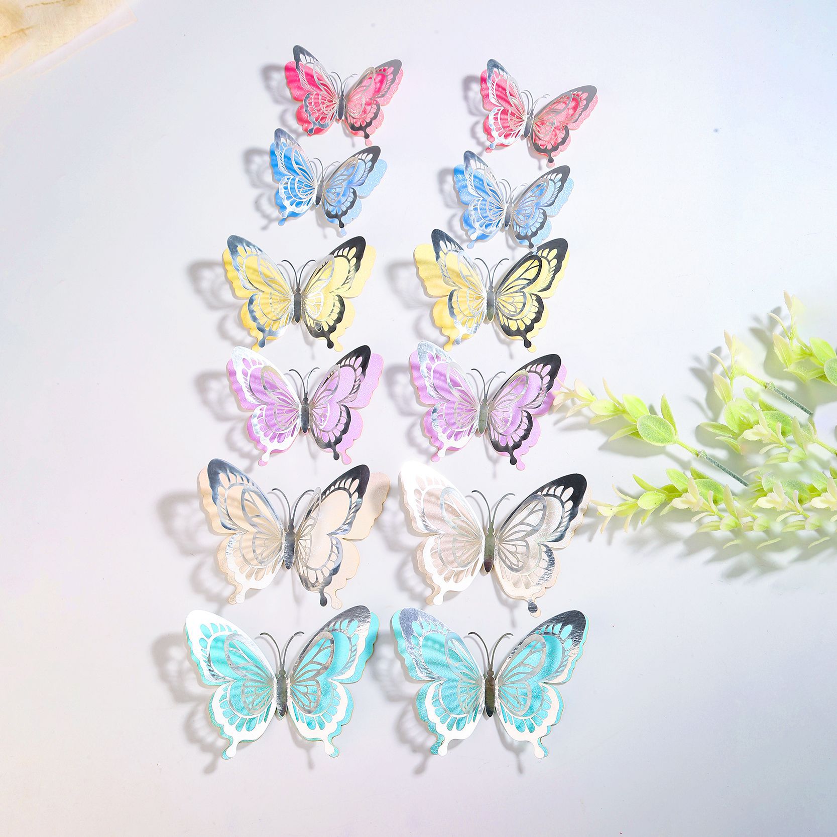Layered Metallic Butterflies: Whimsical Decor for Your Wall & Cakes, 12-Piece Colorful Set