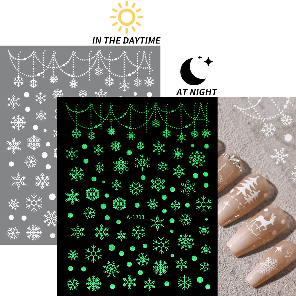 小红书爆款圣诞雪花美甲贴纸镭射银白色雪花麋鹿圣诞节指甲装饰贴
