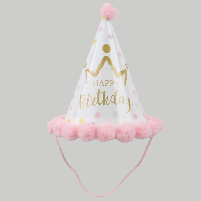 Pom Pom Birthday Party Hats, Colorful Paper Cone Hat for Kids Baby Birthday Party Decor