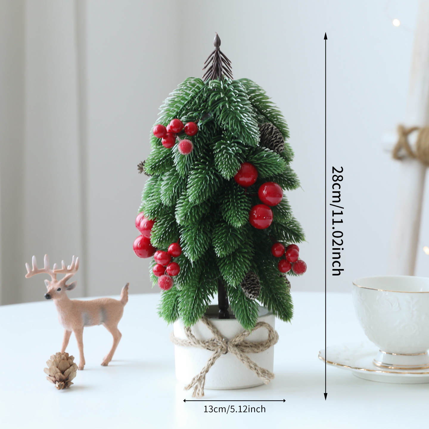 28cm Potted Noble Fir Mini Tabletop Christmas Tree Pre-Decorated Berry Pinecone Small Xmas Desktop Ornament Indoor Holiday Decor