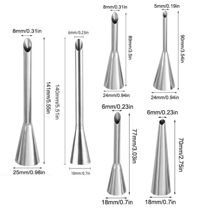 5Pcs Long Filling Puff Piping Tips Set, 304 Stainless Steel Cream Injector Nozzles for Puff, Croissant, Eclair Dessert Filling