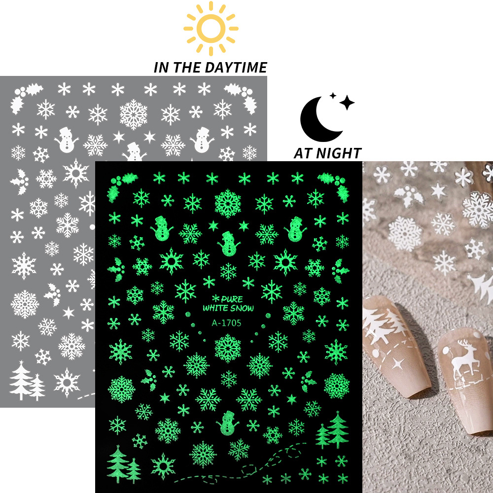 小红书爆款圣诞雪花美甲贴纸镭射银白色雪花麋鹿圣诞节指甲装饰贴