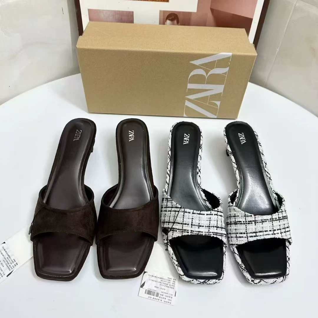 Vintage Tweed Square Open Toe Slide Mules Women Single Strap Kitten Heel Slip On Sandal Mules Outdoor Dress Slide Heels