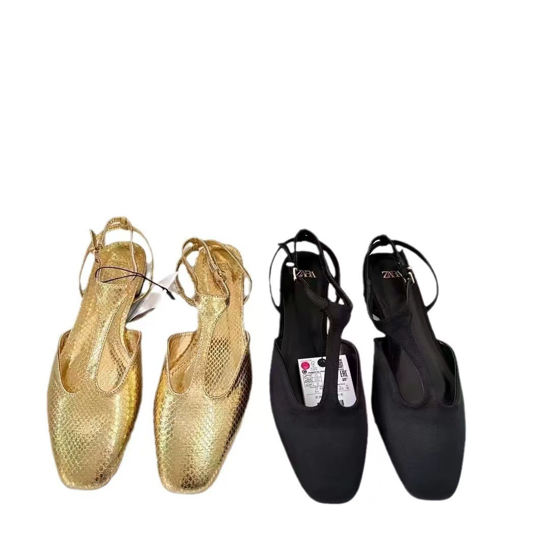 Round Toe Metallic Textured Slingback Flat Sandals Women Ankle Buckle Strap Cut Out Slip On Casual Summer Flat Mules